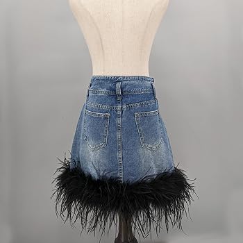 LVCOMEFF Women's Denim Skirt with Feather-Trimming Fringe